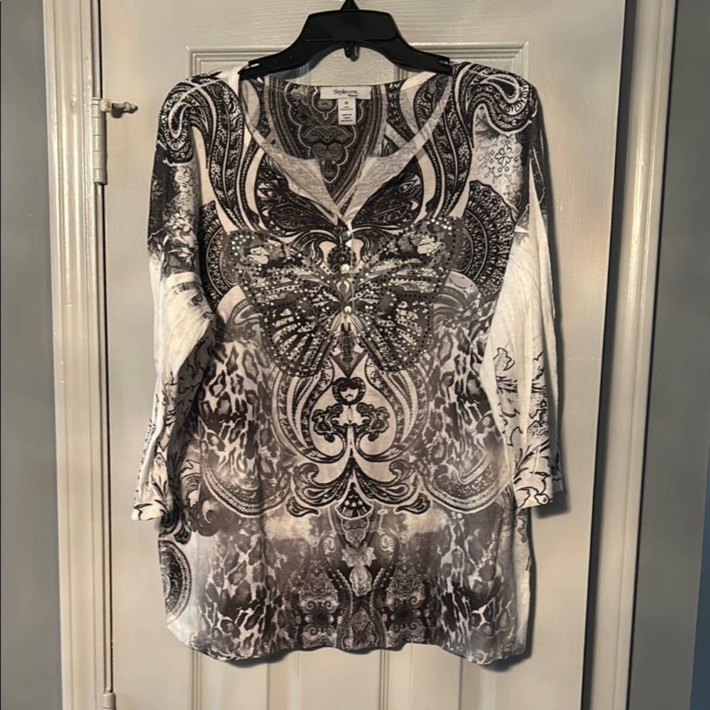 Style & Co Woman Black Gray & White Top with Rhinestone Butterfly